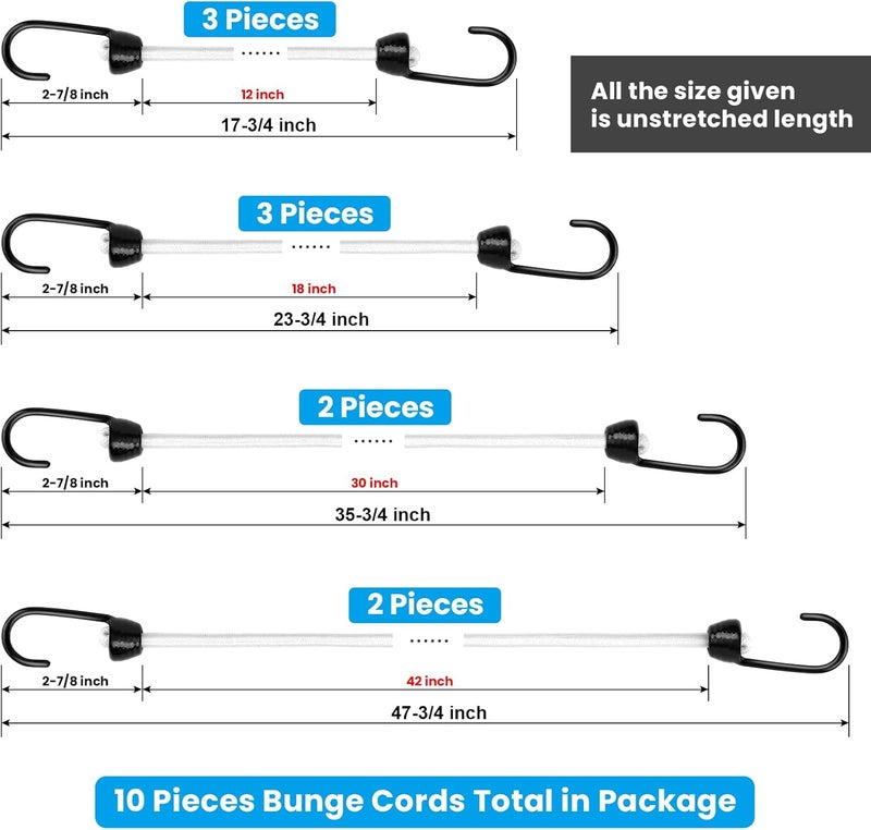 Joneaz Bungee Cords with Hooks Assorted Size White Heavy Duty, Including 12-Inch, 18-Inch, 30-Inch and 42-Inch, Nylon-Fiber and Rubber-Ribbon, UV Resistant - Image 2